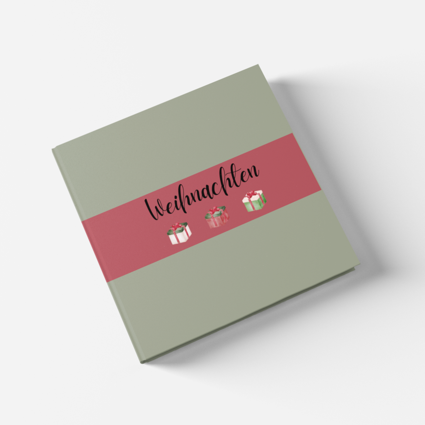 Grünes Weihnachtsgästebuch mit rotem Streifen und Aufschrift „Weihnachten“ in eleganter Schrift; darunter drei kleine Geschenkverpackungen. Hardcover, festliches Design.