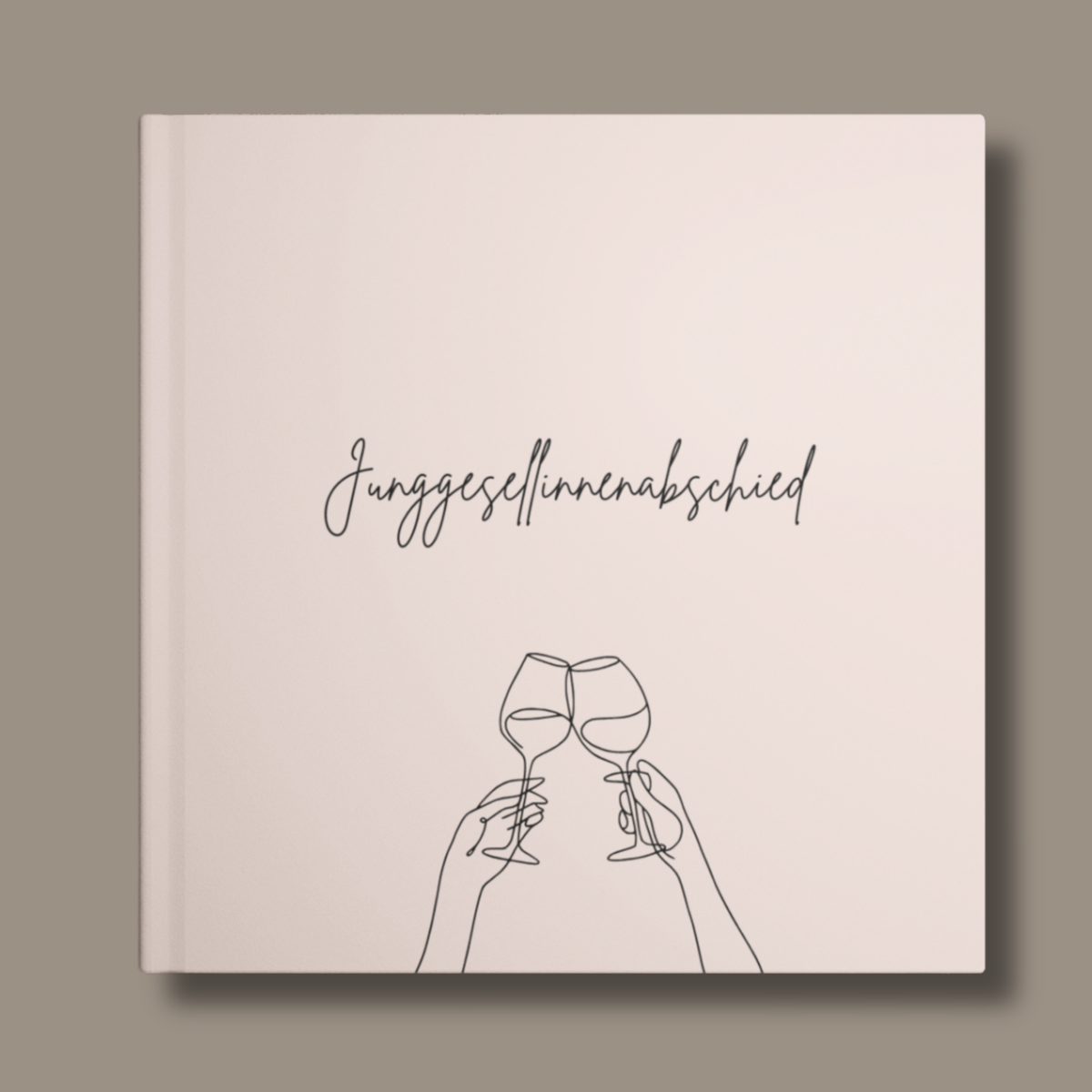 Rosafarbenes Junggesellenabschied-Gästebuch mit zwei Frauenhänden, die mit Weingläsern anstoßen