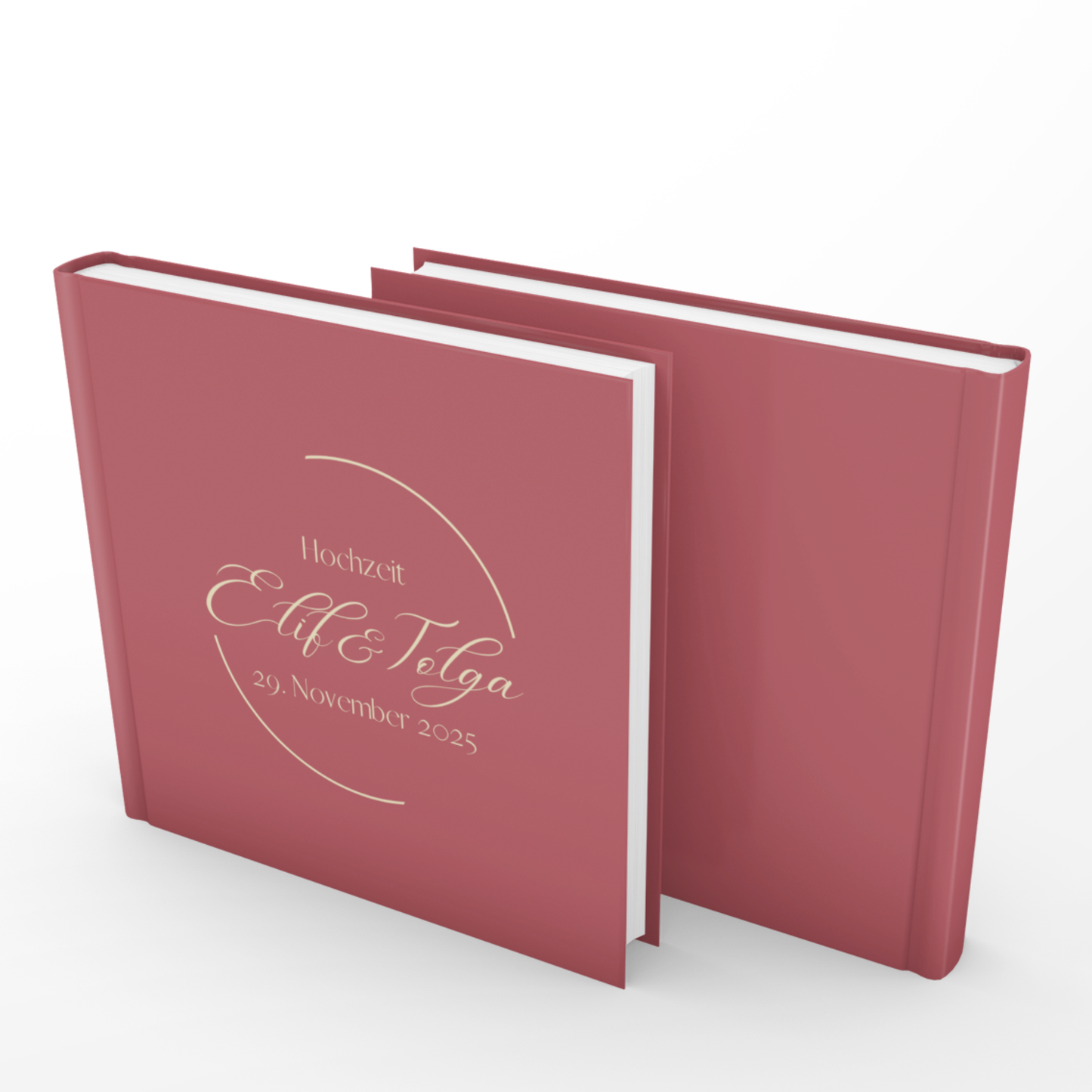 Rotes Hochzeitsalbum, personalisiert mit Namen und Datum, elegantes Hardcover auf 170g Recyclingpapier.