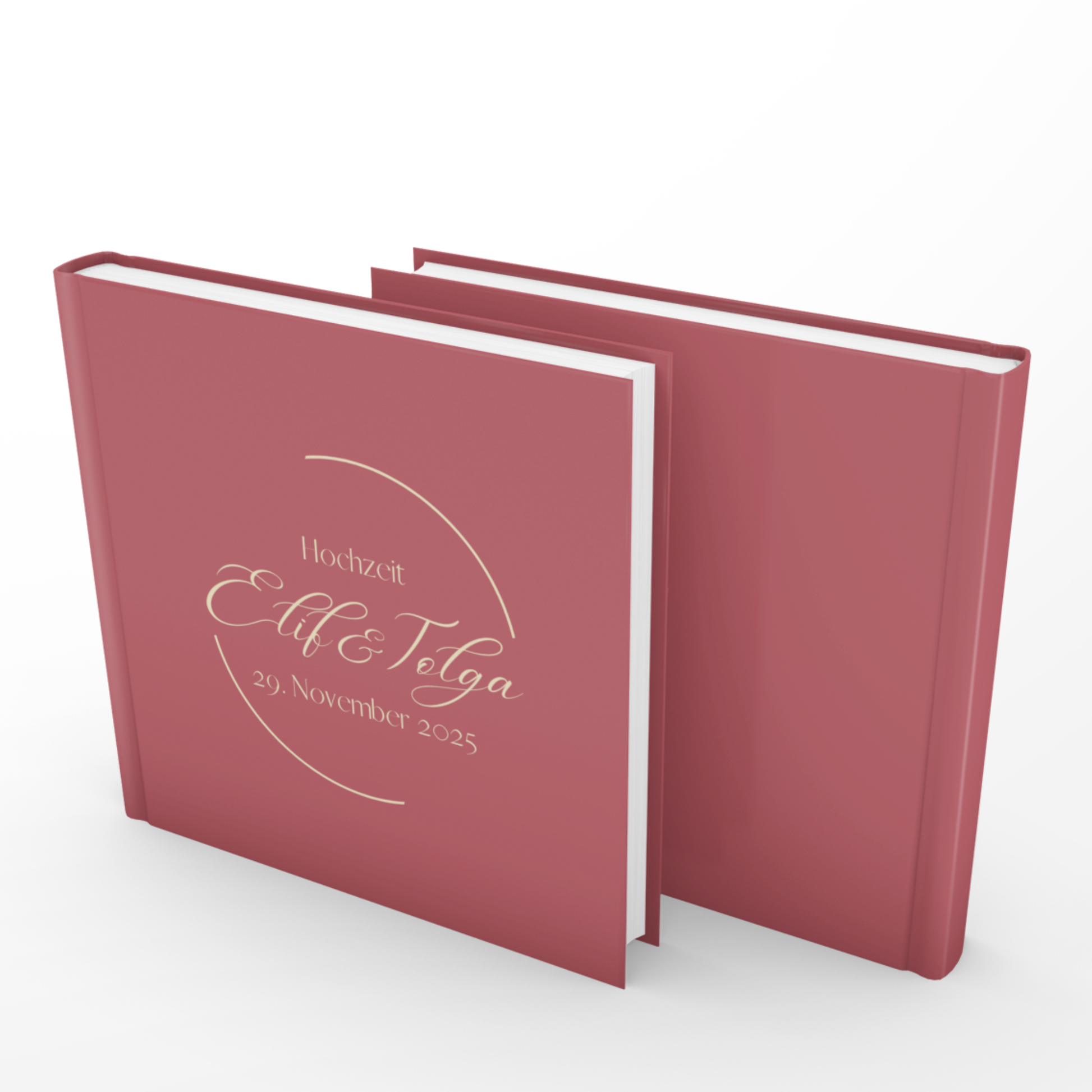Rotes Hochzeitsalbum, personalisiert mit Namen und Datum, elegantes Hardcover auf 170g Recyclingpapier.