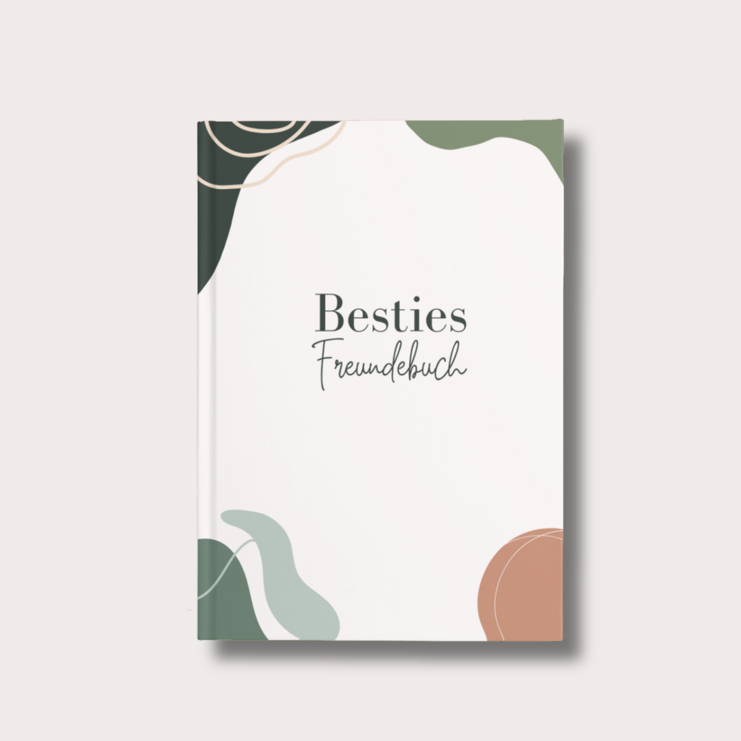 Weißes A5 Hardcover-Freundebuch im Hochformat mit abstrakten geometrischen Formen in Dunkelgrün, Schwarz und fließender Optik, mittig der Schriftzug „Besties“ und darunter „Freundebuch“.