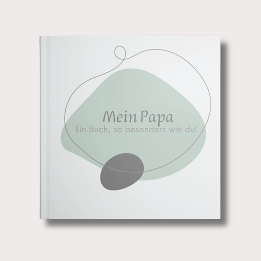 Hardcover Erinnerungsbuch für Papa in hellgrau mit abstraktem Design. Titel: ‚Mein Papa – ein Buch so besonders wie du‘.