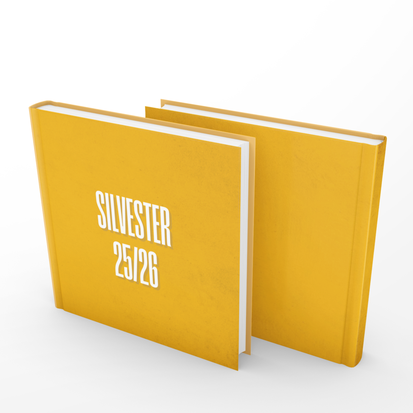 Quadratisches Gästebuch in Retro-Orange mit weißem Schriftzug „Silvester 25–26“.