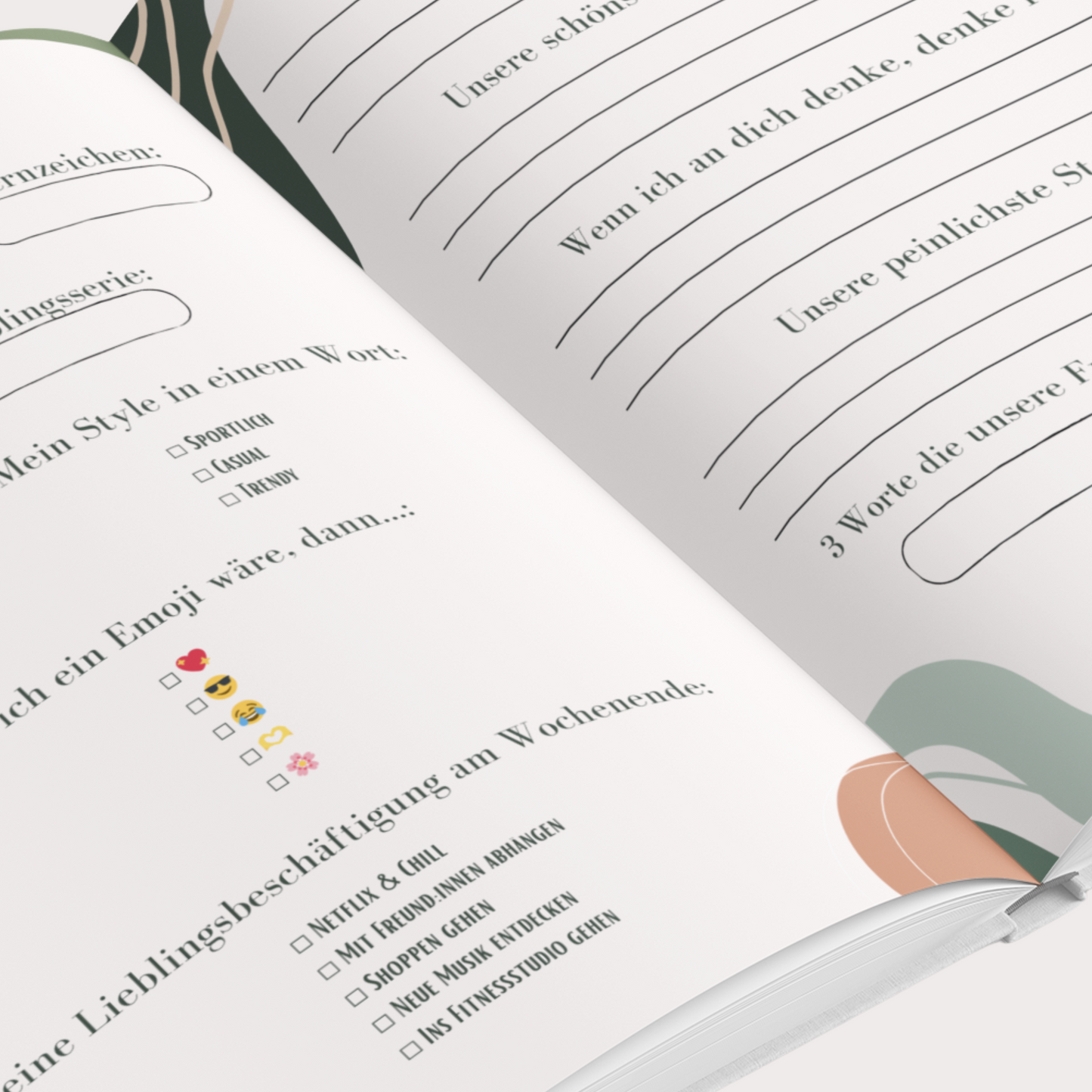 Innenseiten des Besties Freundebuchs für Teenager mit modernen Fragebögen, Platz zum Ausfüllen, kreativen Freundschaftsfragen und Moodboard-Seiten für Fotos und Sticker.