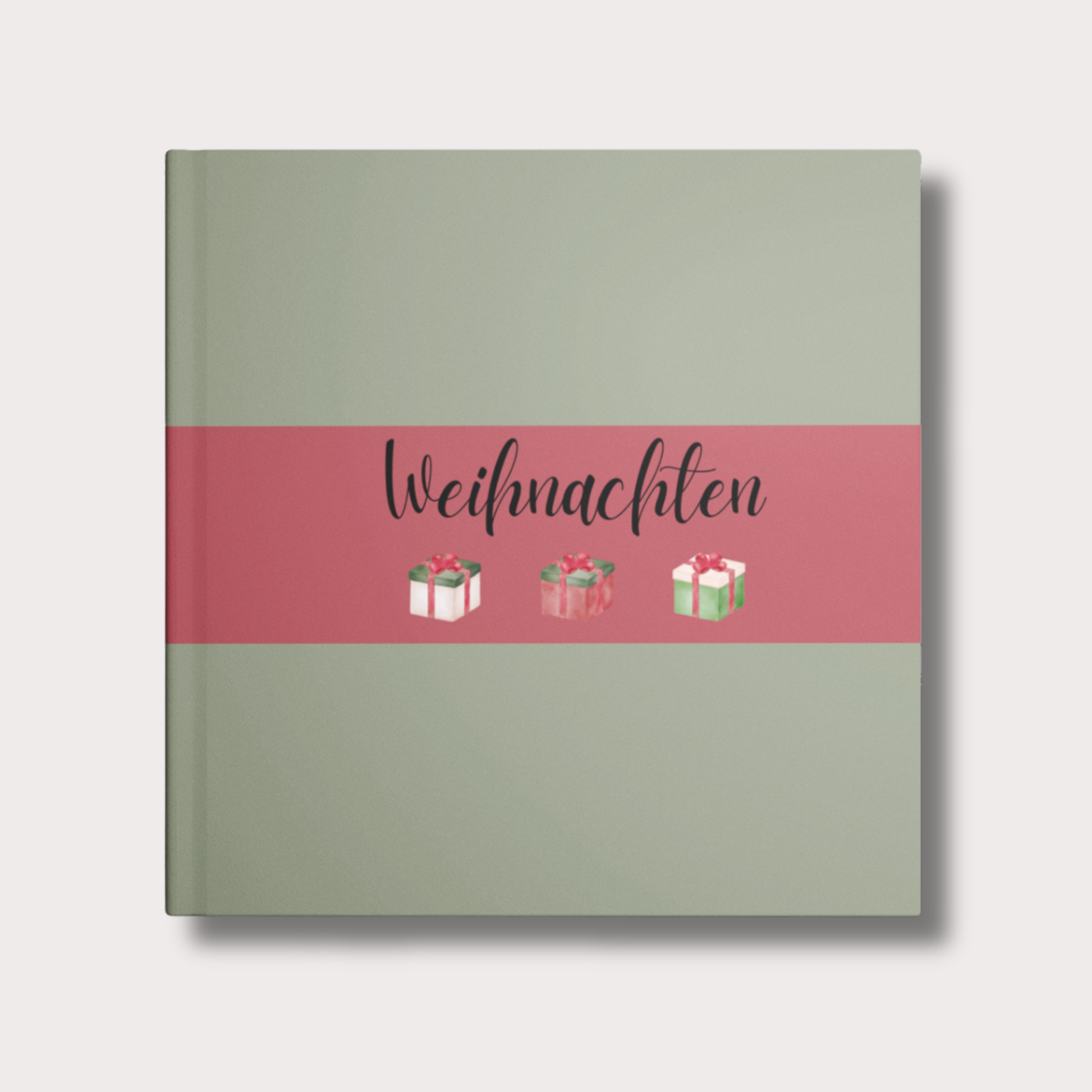Grünes Weihnachtsgästebuch mit rotem Streifen und Aufschrift „Weihnachten“ in eleganter Schrift; darunter drei kleine Geschenkverpackungen. Hardcover, festliches Design.