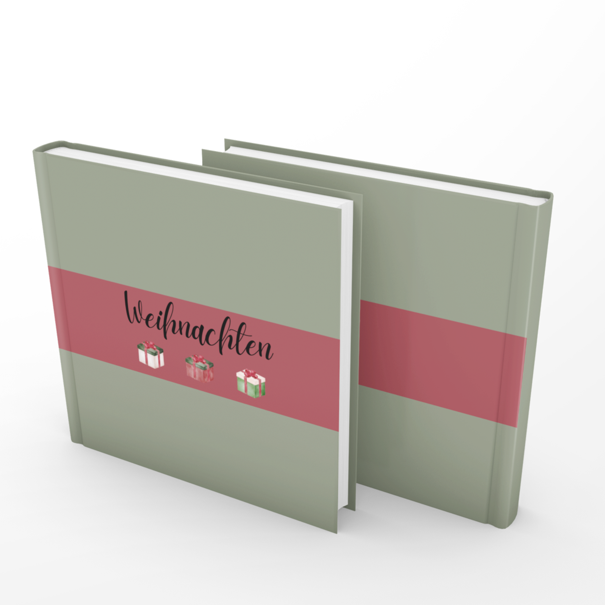Grünes Weihnachtsgästebuch mit rotem Streifen und Aufschrift „Weihnachten“ in eleganter Schrift; darunter drei kleine Geschenkverpackungen. Hardcover, festliches Design.