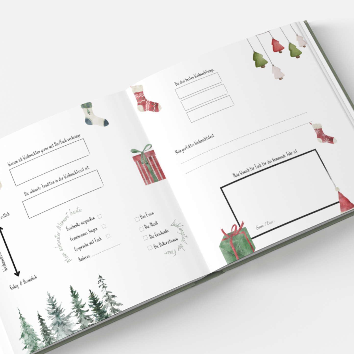 Innenseiten des Weihnachtsgästebuchs mit weißen Seiten, liebevoll weihnachtlichen Elementen und Felder zum Ausfüllen und Ankreuzen für Gäste.