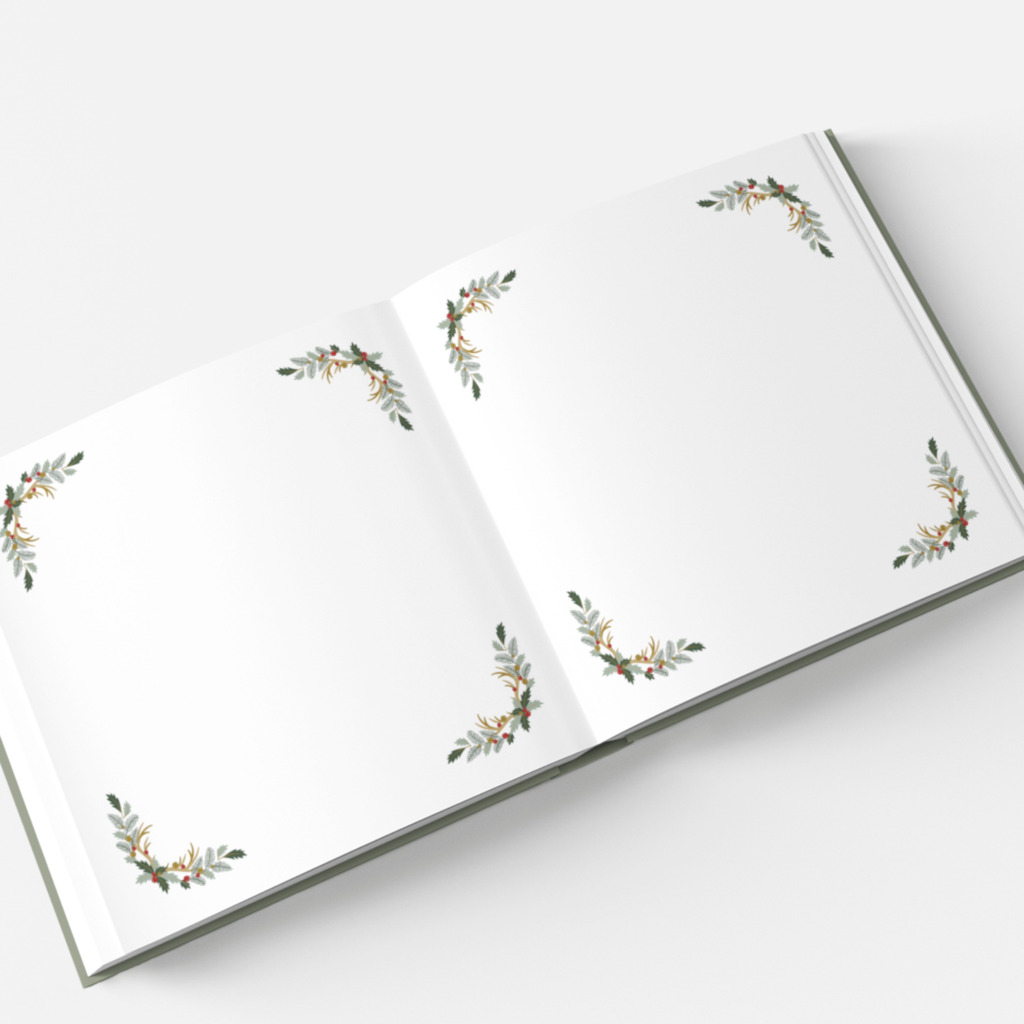 Grünes Weihnachtsgästebuch mit rotem Streifen und Aufschrift „Weihnachten“ in eleganter Schrift; darunter drei kleine Geschenkverpackungen. Hardcover, festliches Design. Platz für Weihnachtsbilder.