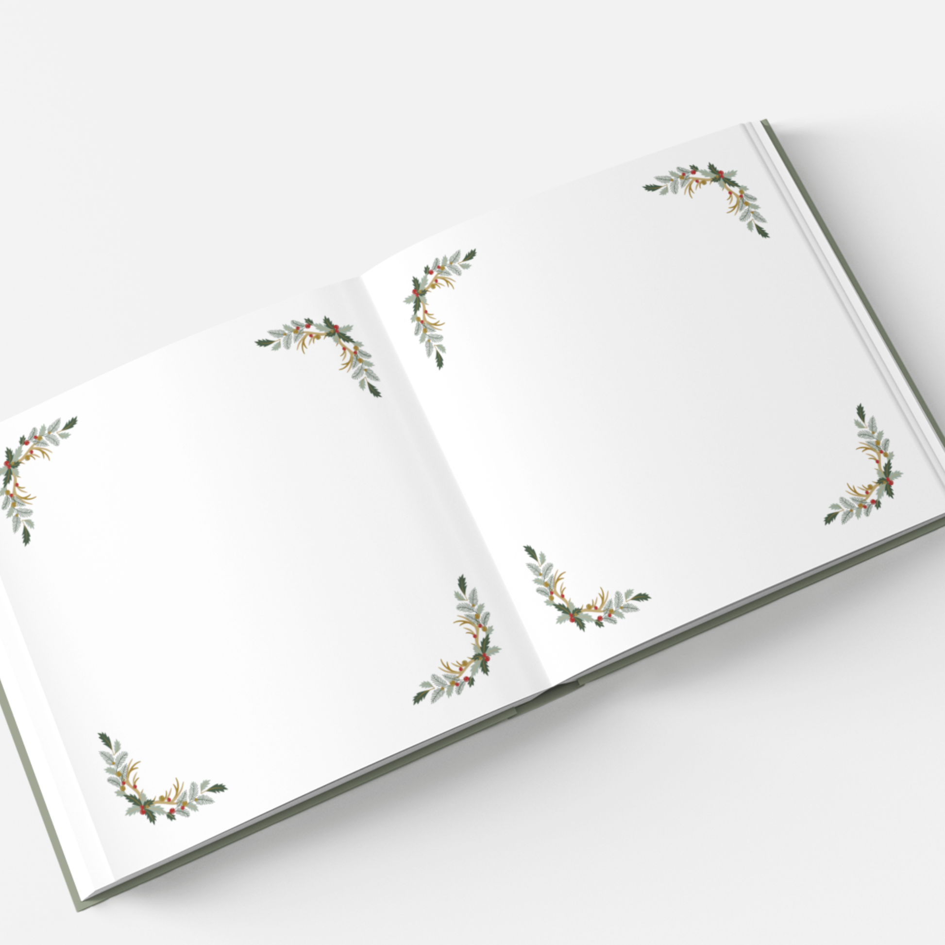 Grünes Weihnachtsgästebuch mit rotem Streifen und Aufschrift „Weihnachten“ in eleganter Schrift; darunter drei kleine Geschenkverpackungen. Hardcover, festliches Design. Platz für Weihnachtsbilder.