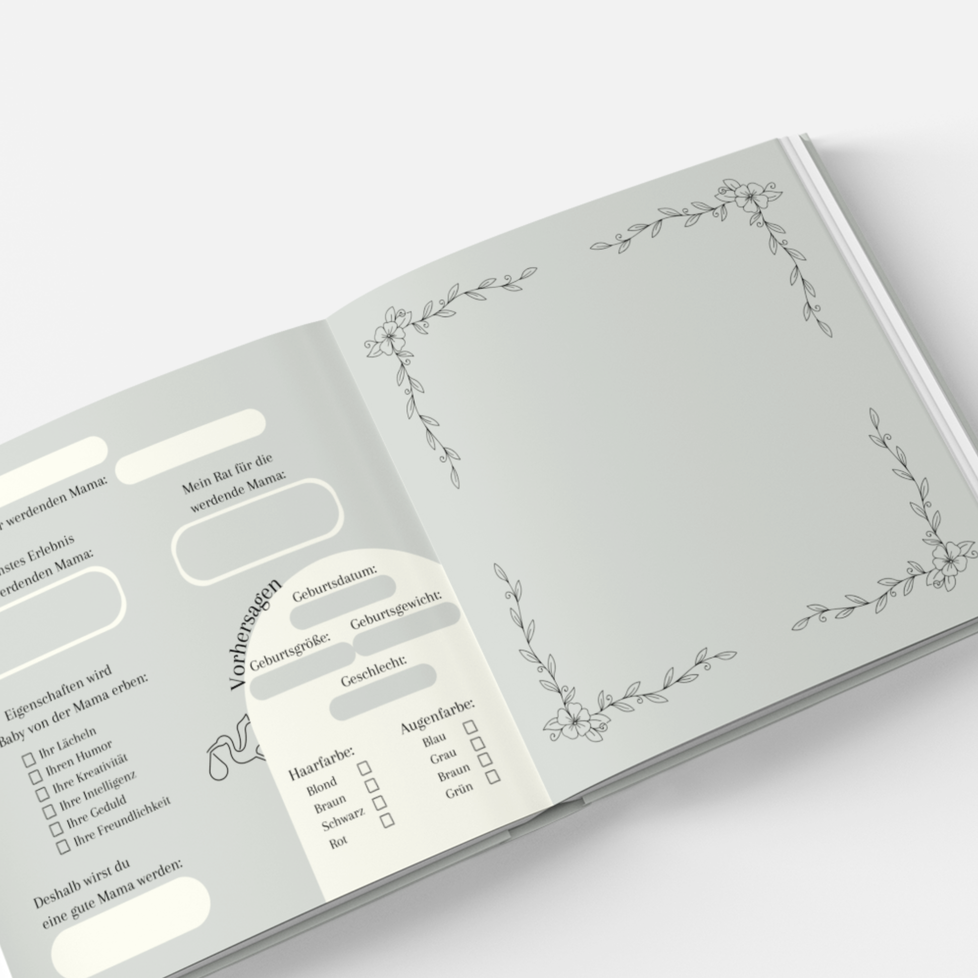 Innenseiten des Babyparty Gästebuchs mit Fragen zum Ausfüllen und Ankreuzen – für persönliche Wünsche und Erinnerungen. Platz für ein Foto.