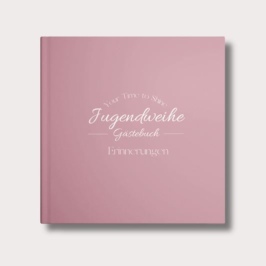 Rosafarbenes (Mauve) Hardcover Jugendweihe Gästebuch mit dem Schriftzug "Jugendweihe Gästebuch" und optionalem Namen und Datum.