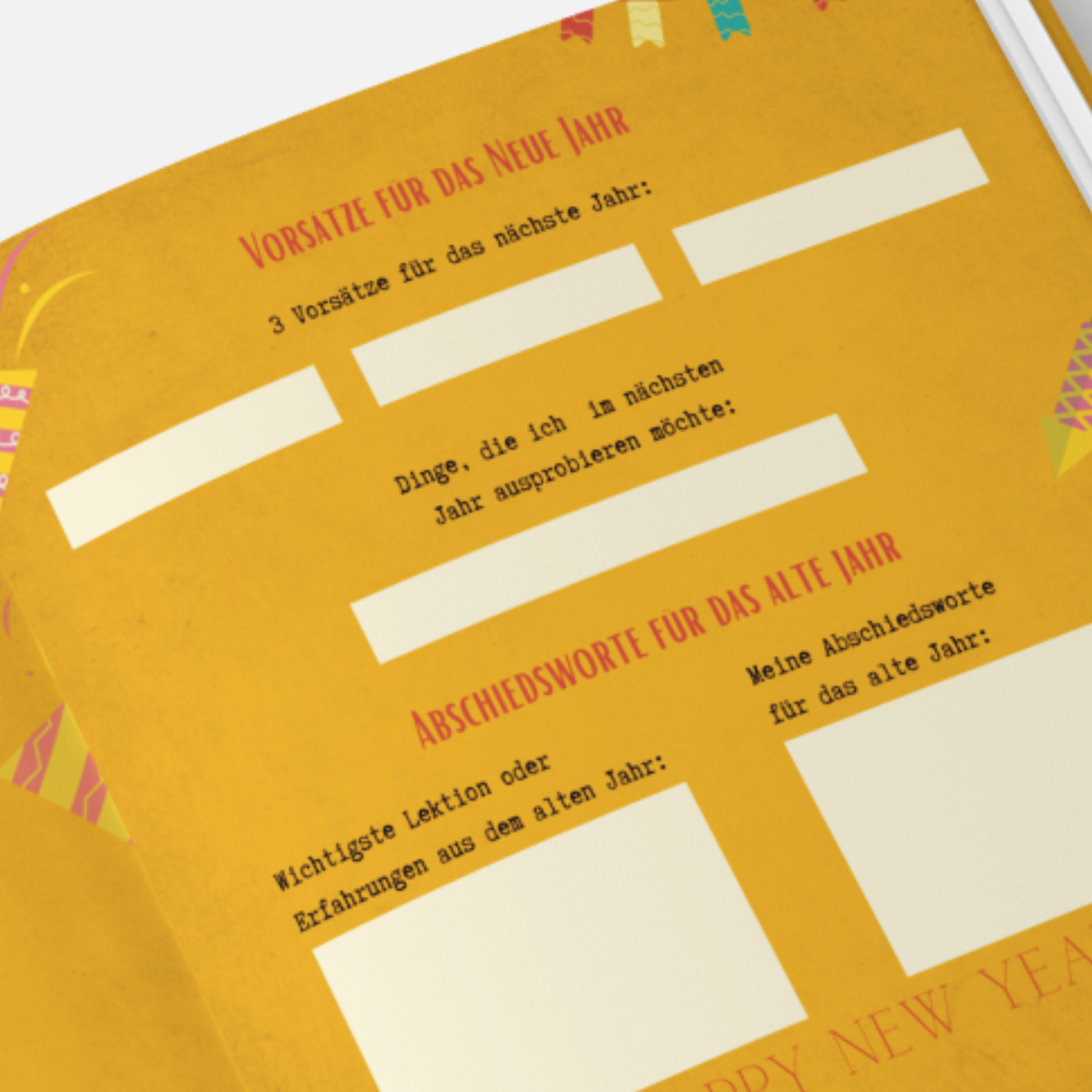 Innenansicht des Silvester-Gästebuchs in orangefarbenem Retro-Design mit Fragen zum Ausfüllen, Ankreuzfeldern und Platz für Fotos.