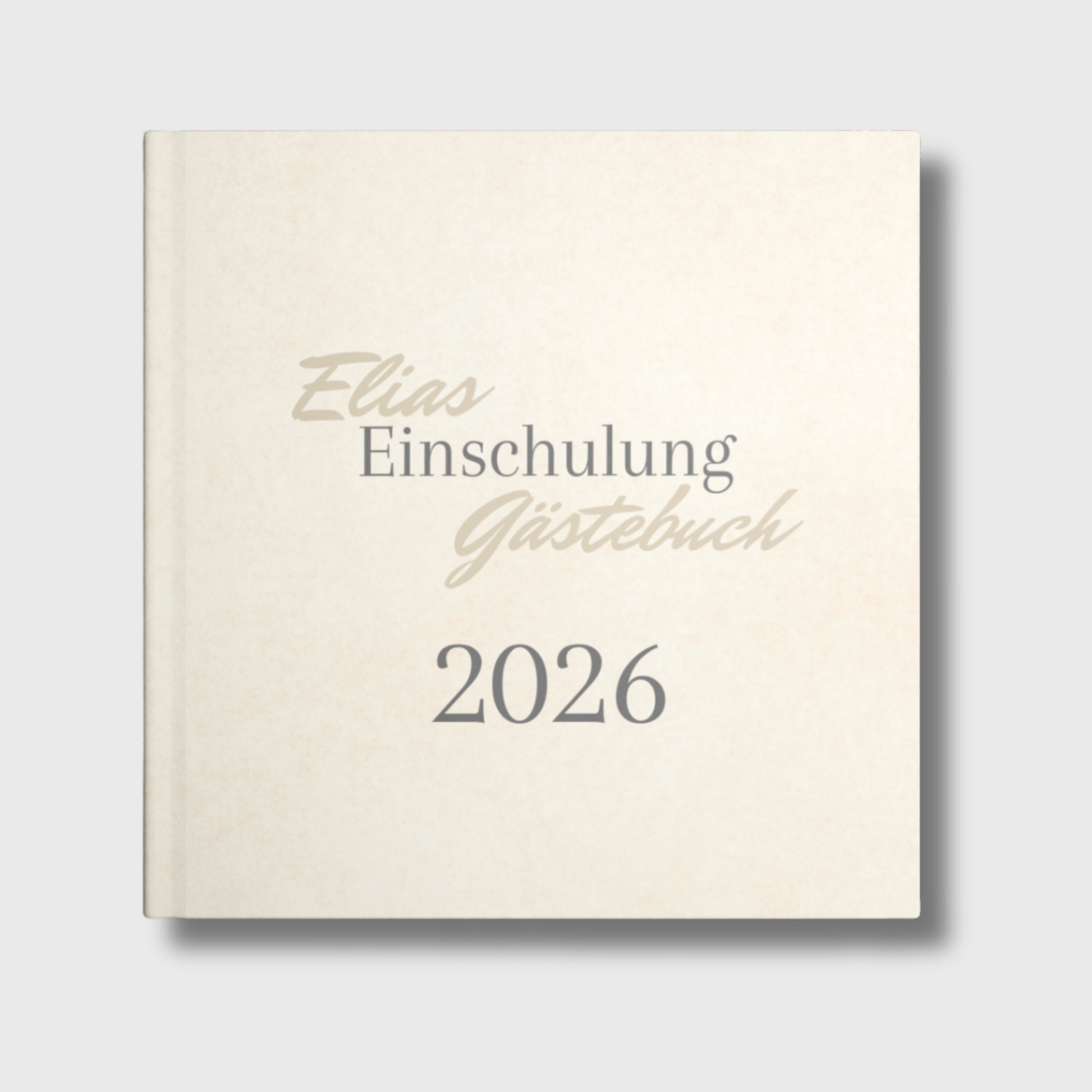 Einschulungs-Gästebuch 2026 in Sandfarben, schlichtes Design, personalisierbares Cover.