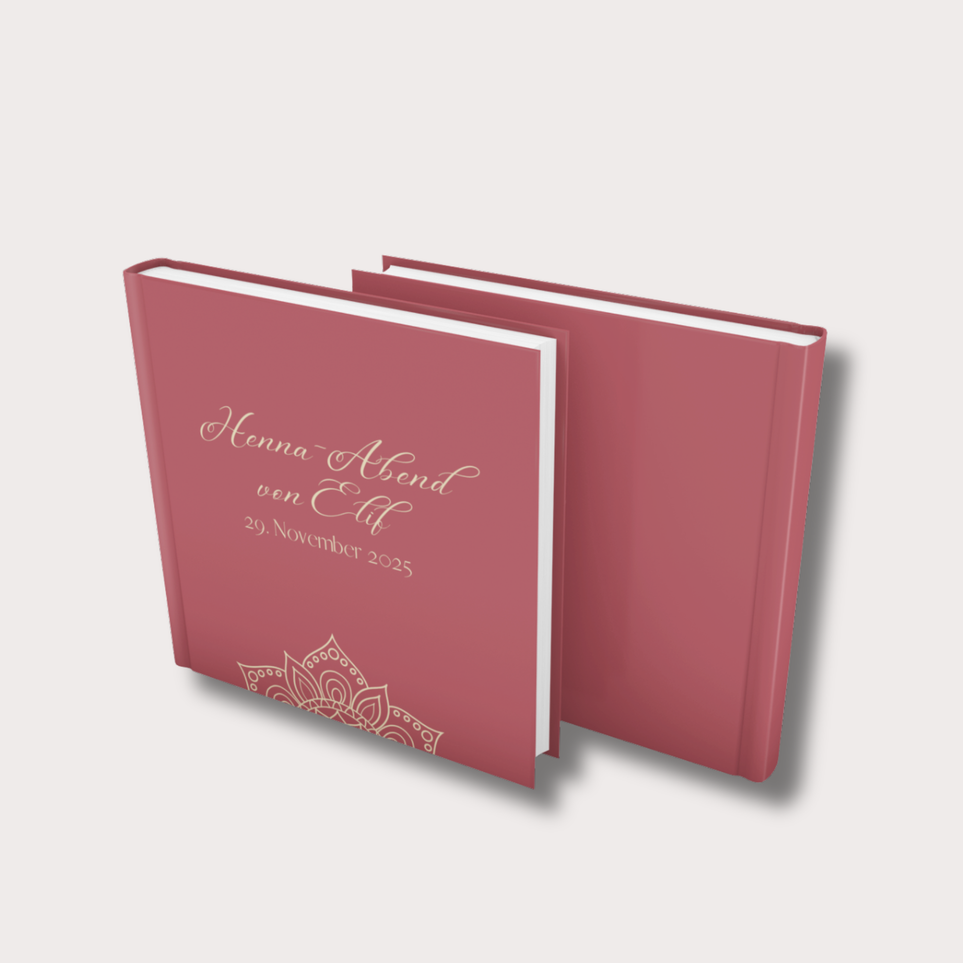 Hennaabend Gästebuch in Rosa und Gold mit orientalischem Design – Hardcover 21x21 cm, personalisiert mit Namen und Datum
