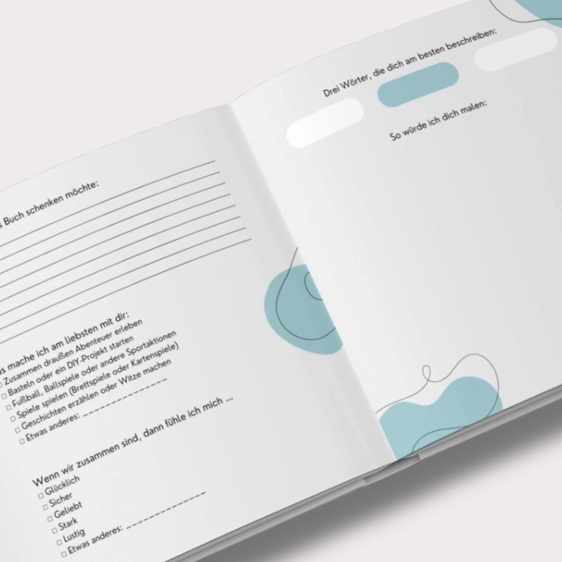 Innenansicht des Erinnerungsbuchs für Papa: liebevoll gestaltete Seiten mit kindgerechten Fragen, Ankreuzfeldern, Platz für Fotos und Zeichnungen. Abwechslungsreich mit Illustrationen und kreativen Aufgaben zum Ausfüllen.