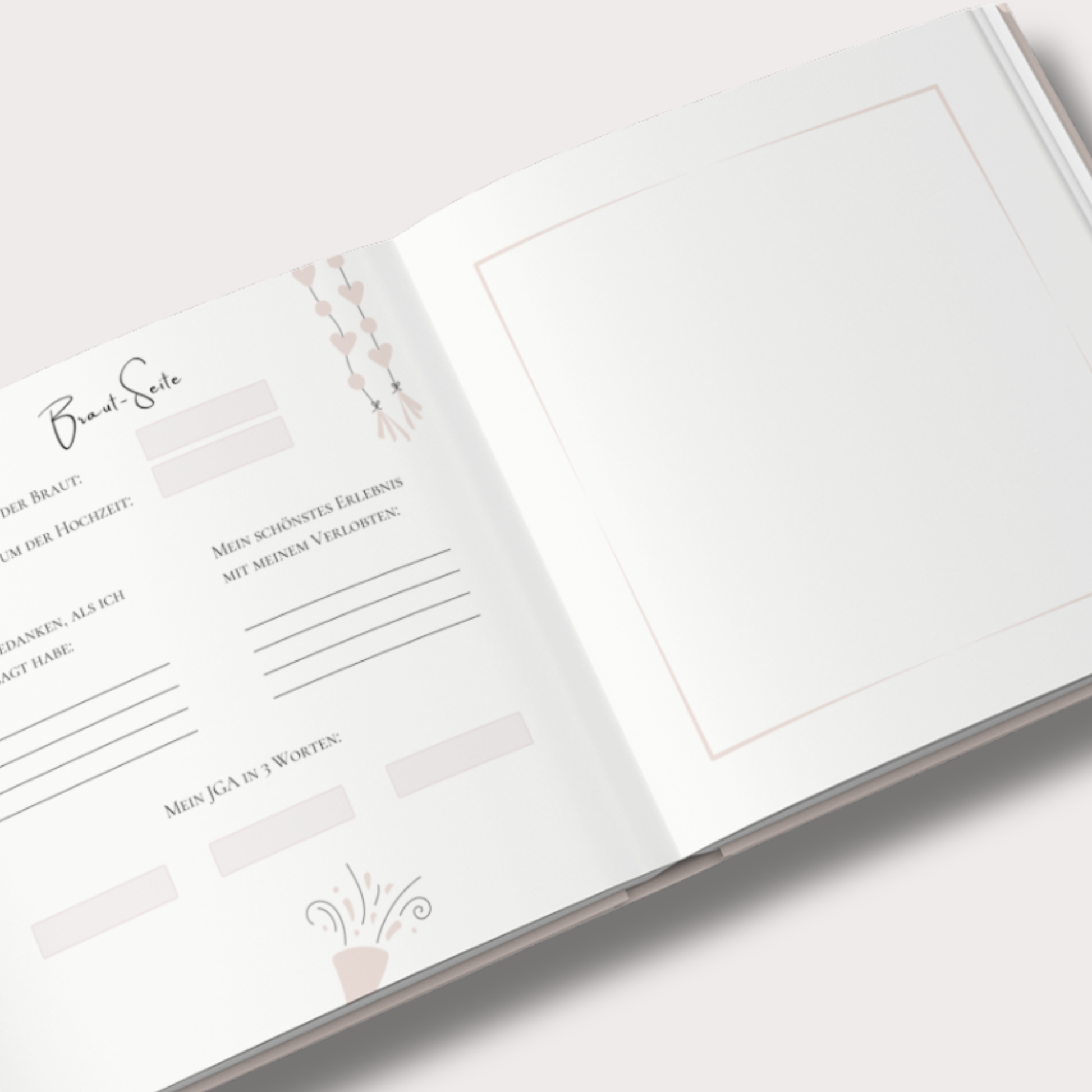 Innenseite Braut JGA Gästebuch mit Fragen zum Ausfüllen und Platz für Foto, erste Seite für persönliche Erinnerungen der Braut