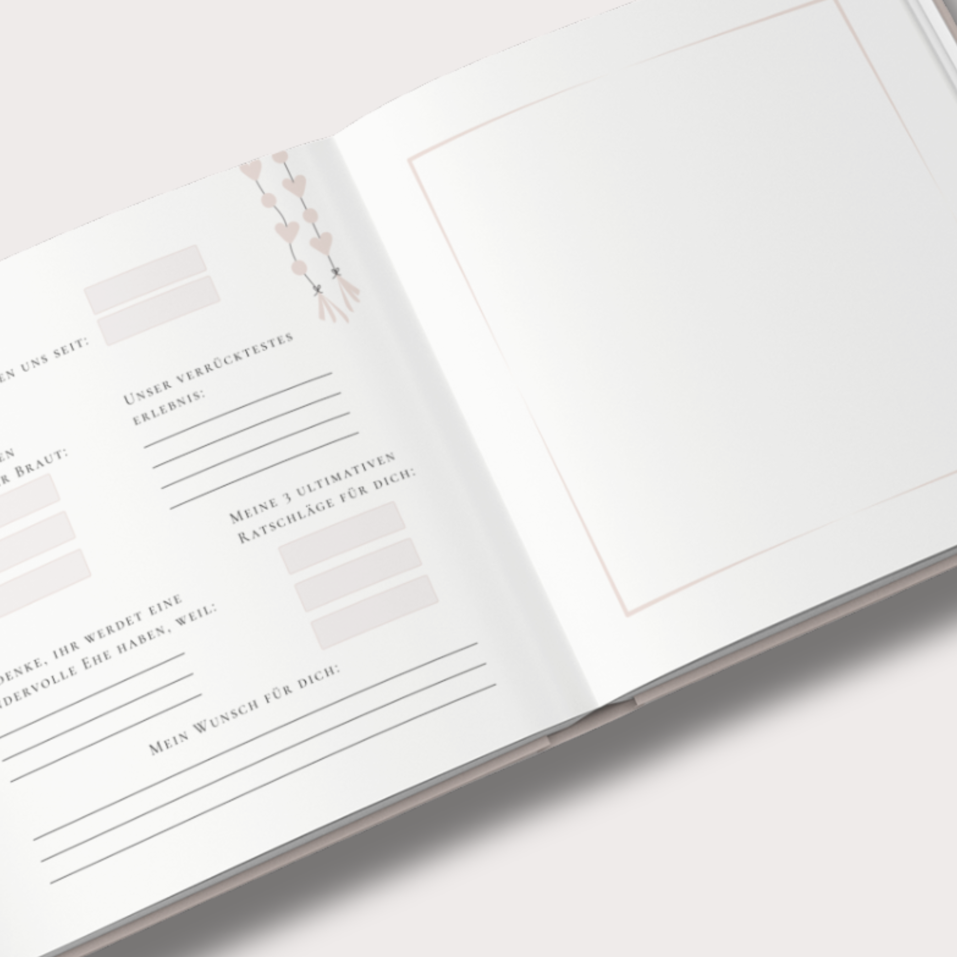 JGA Gästebuch Innenseiten mit Fragen zum Ausfüllen für Gäste links und Platz für Fotos rechts, 48 Seiten auf 170 g/m² Recyclingpapier
