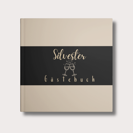 Gold-schwarzes Silvester Gästebuch mit der Aufschrift „Silvester“,  modernes festliches Design.