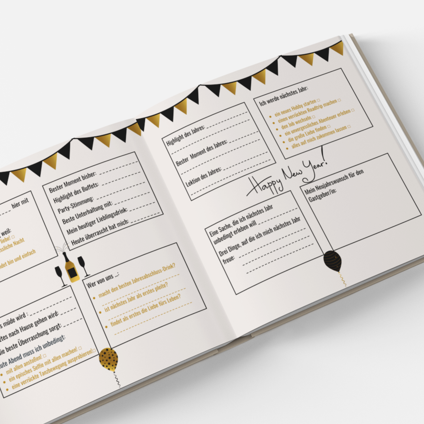 Innenseiten mit Fragen, Ankreuzfeldern & Platz für Fotos – ideal zum Ausfüllen während der Silvesterparty.