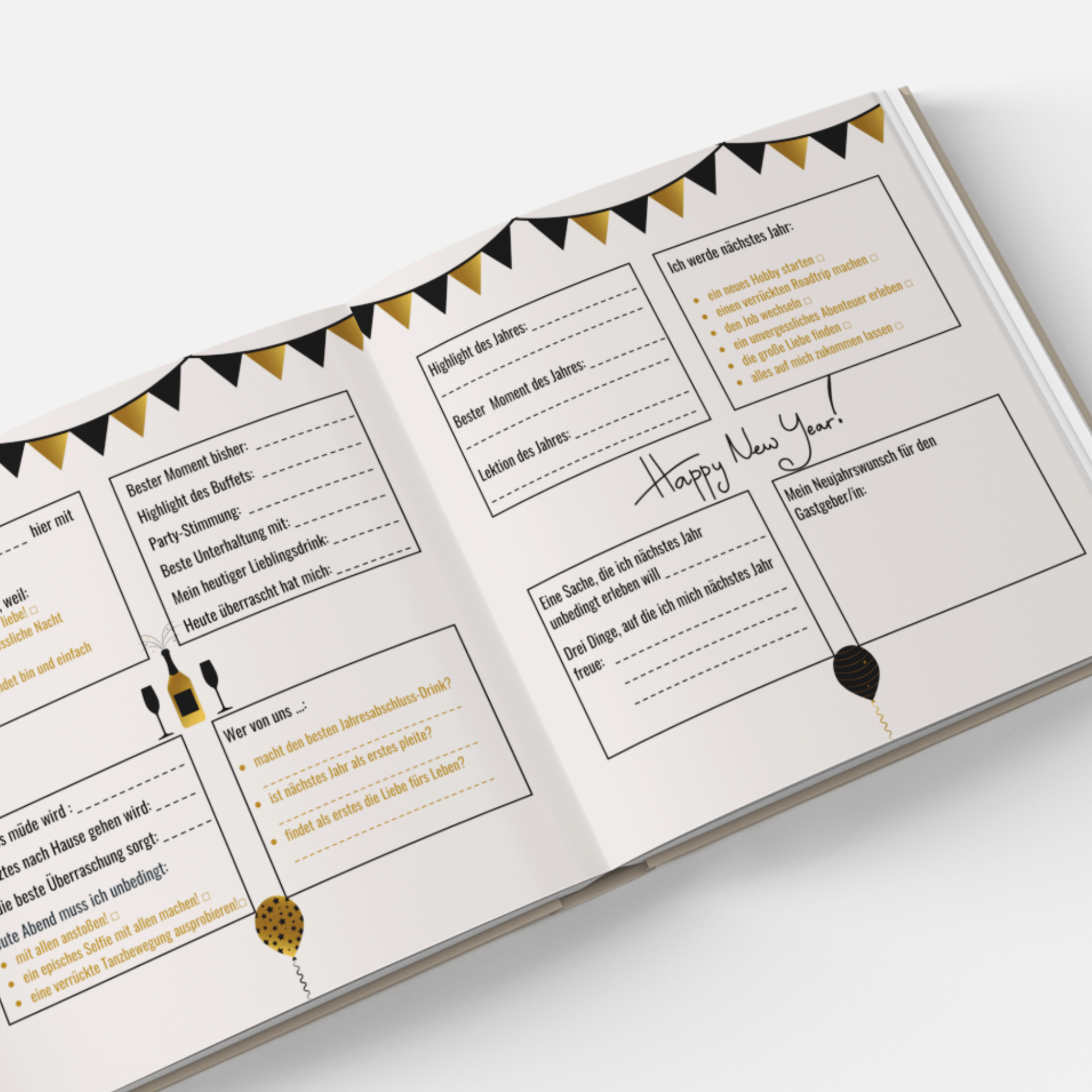 Innenseiten mit Fragen, Ankreuzfeldern & Platz für Fotos – ideal zum Ausfüllen während der Silvesterparty.
