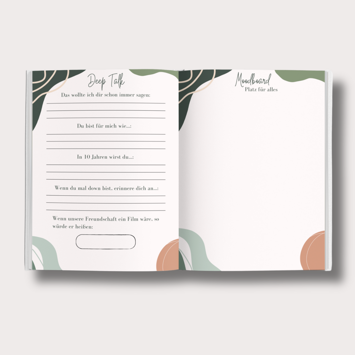 Ausfüllseite im Besties Freundebuch mit persönlichen Fragen für beste Freundinnen im modernen Teenager-Design.
