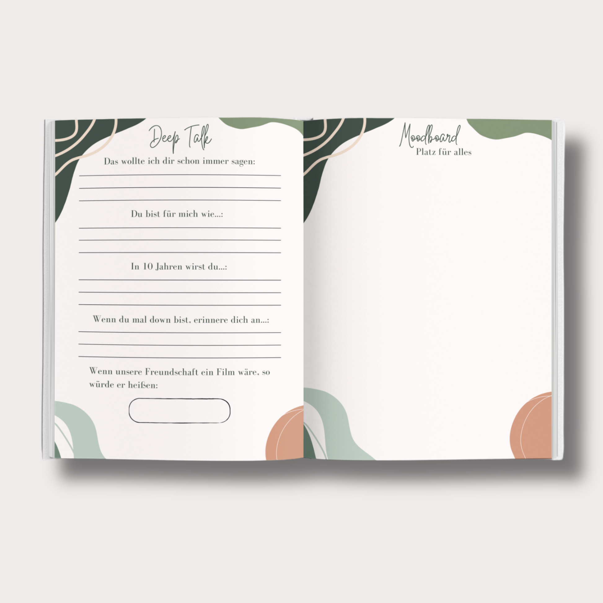 Ausfüllseite im Besties Freundebuch mit persönlichen Fragen für beste Freundinnen im modernen Teenager-Design.