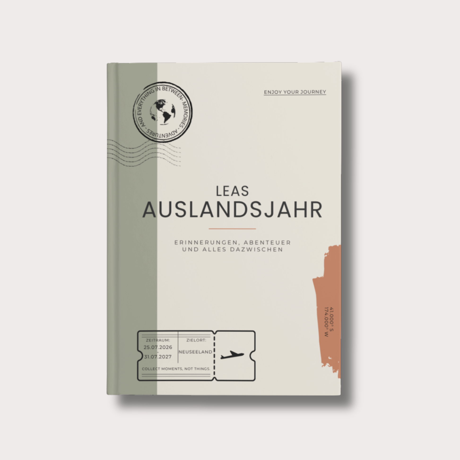 Personalisiertes Veya Auslandsjahr Erinnerungsbuch mit Name, Reiseziel, Zeitraum und individuellen Koordinaten