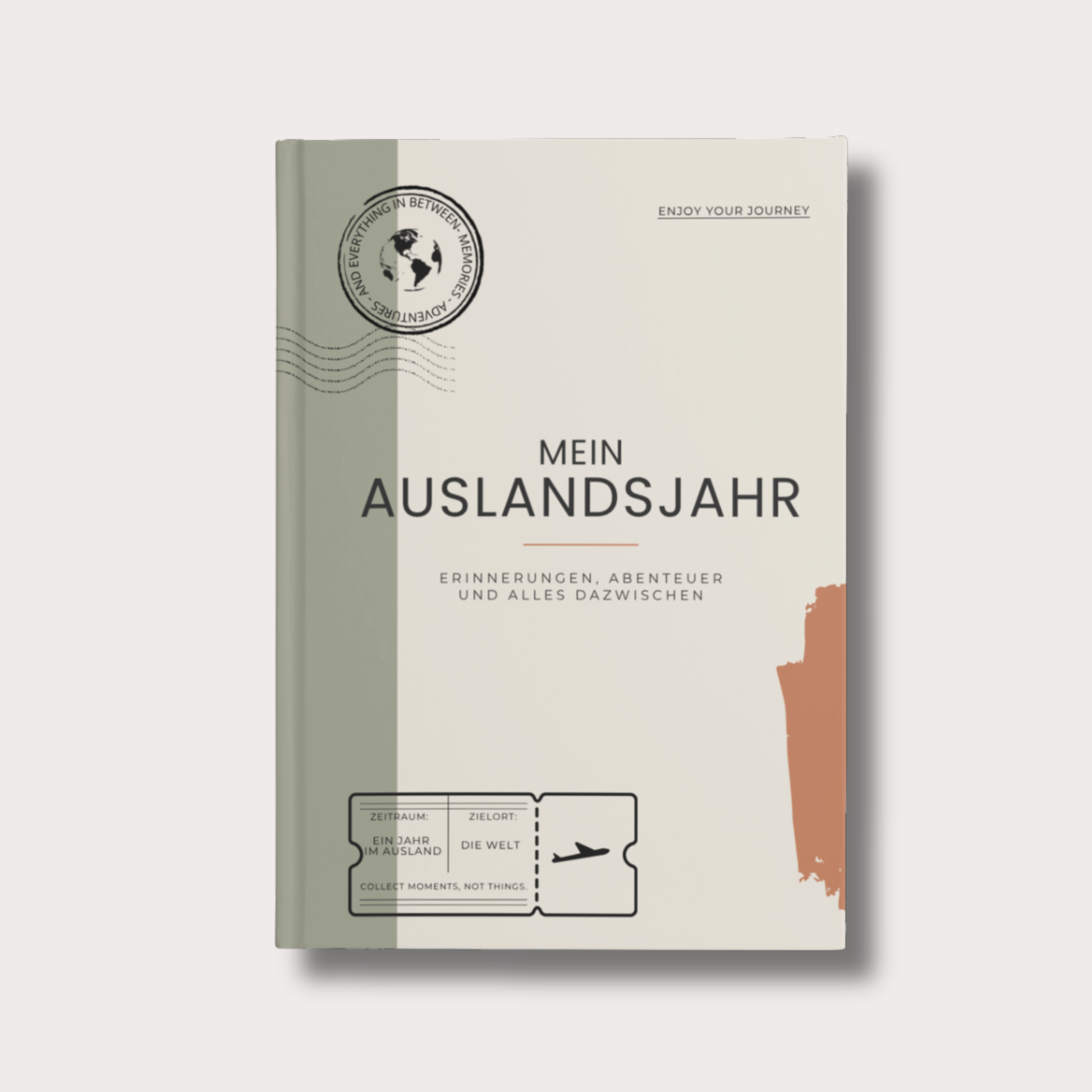 Veya Auslandsjahr Erinnerungsbuch im modernen Design mit warmen Terrakotta-, Sand- und Grüntönen für ein Jahr im Ausland