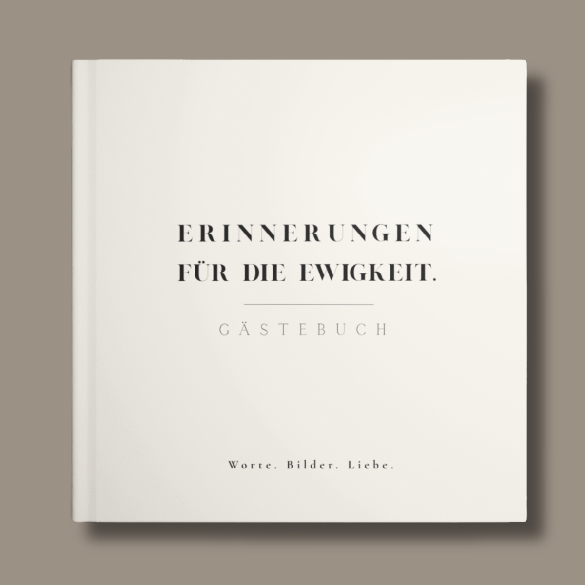 Hochzeitsgästebuch Aveline mit cremeweißem Hardcover und schwarzer Typografie, Aufschrift „Erinnerungen für die Ewigkeit“.