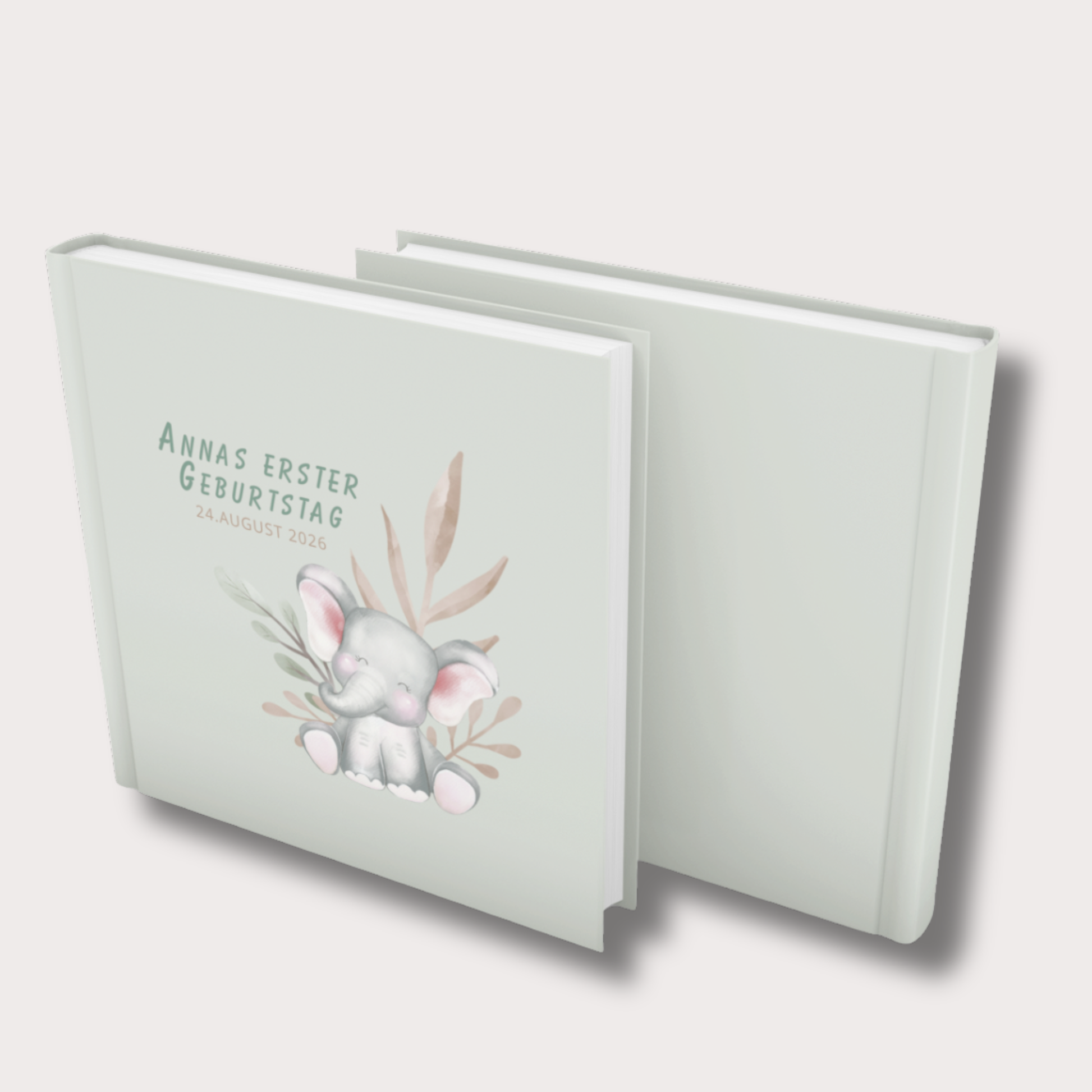 Hardcover Gästebuch zum 1. Geburtstag von vorne und hinten, minimalistisches Baby Erinnerungsbuch in sanften Naturfarben Grün und Sand