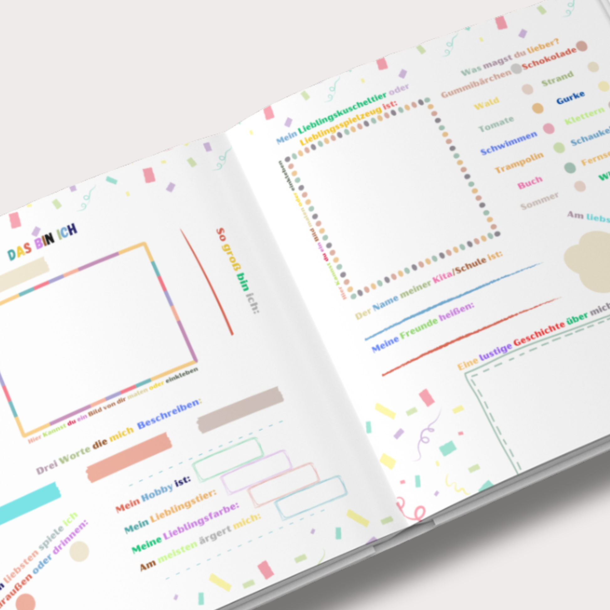 Innenseite aus einem Familienbuch für Kinder mit Platz zum Ausfüllen, Malen und Einkleben