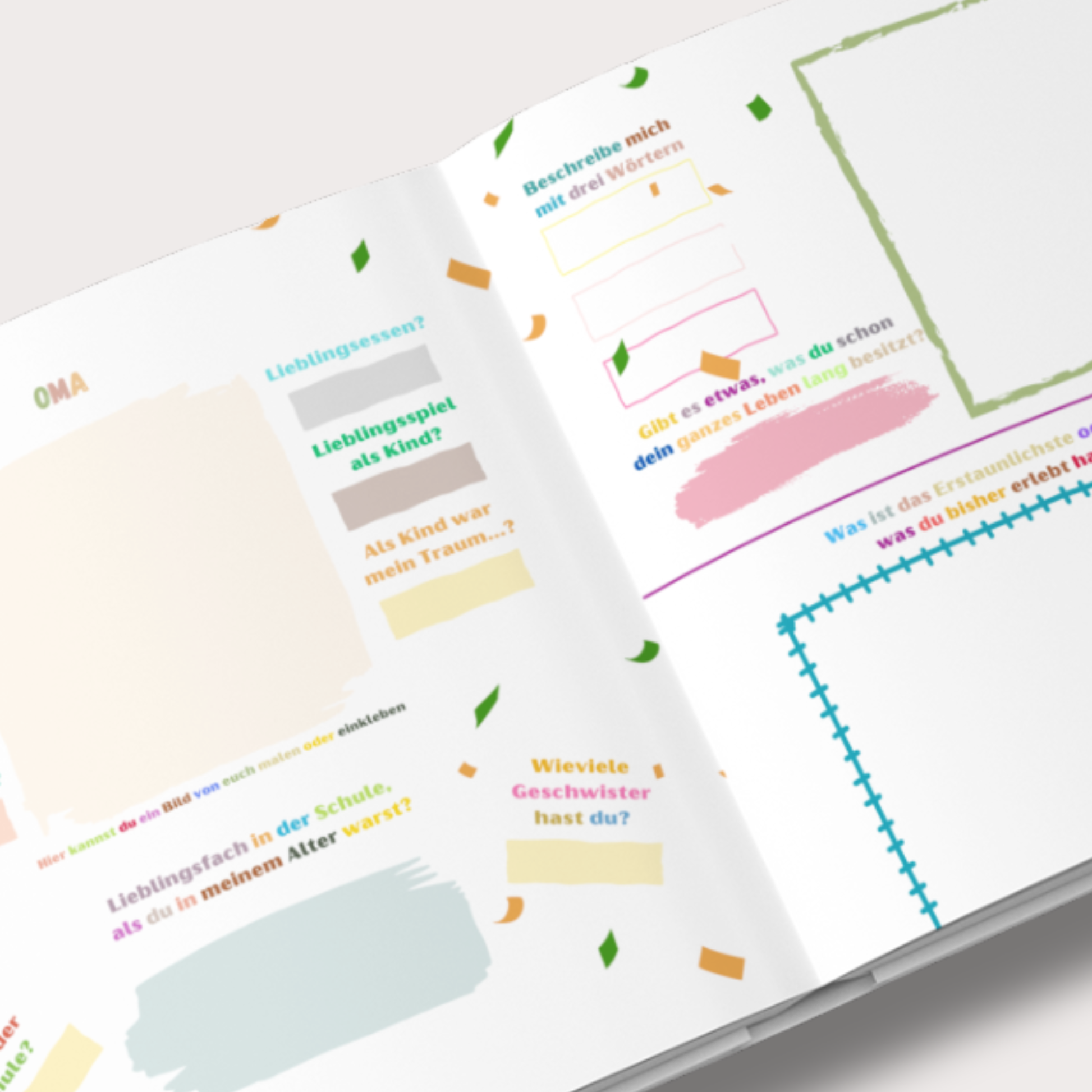 Ausfüllseiten im Familienbuch für Kinder mit Fragen, Ankreuzfeldern und Platz für Kreativität