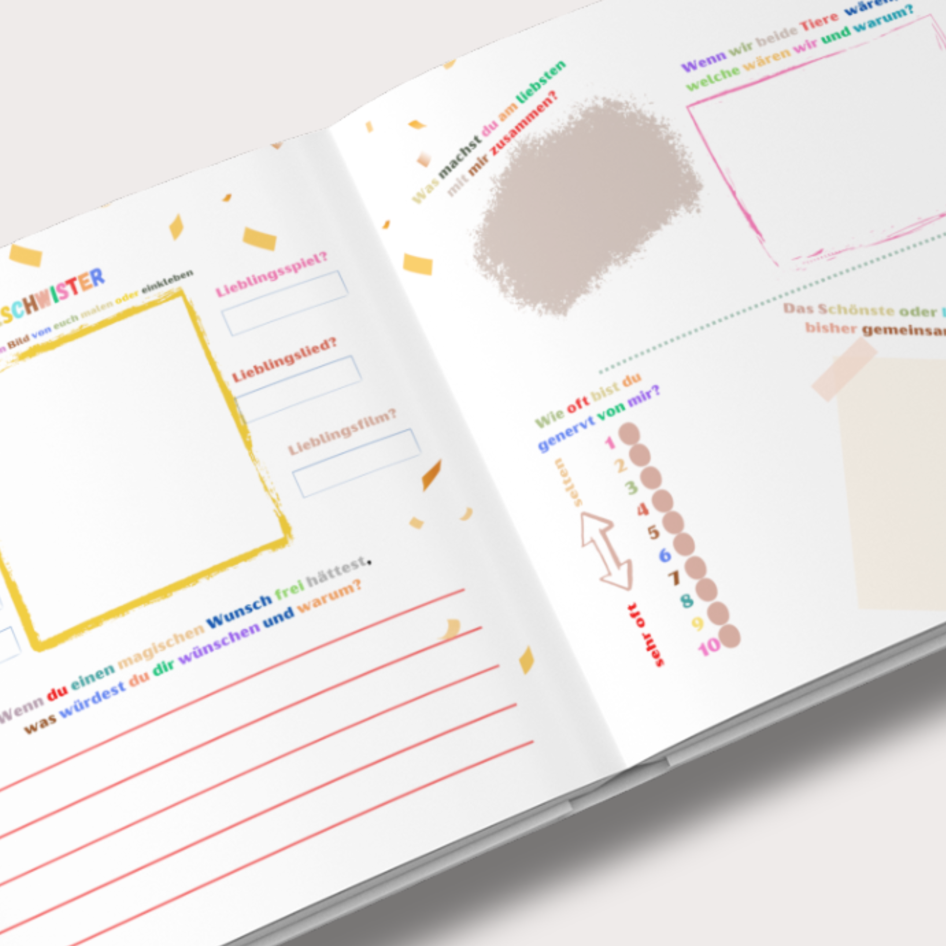 Kreative Seite aus einem Familien-Erinnerungsbuch für Kinder mit viel Platz zum Gestalten