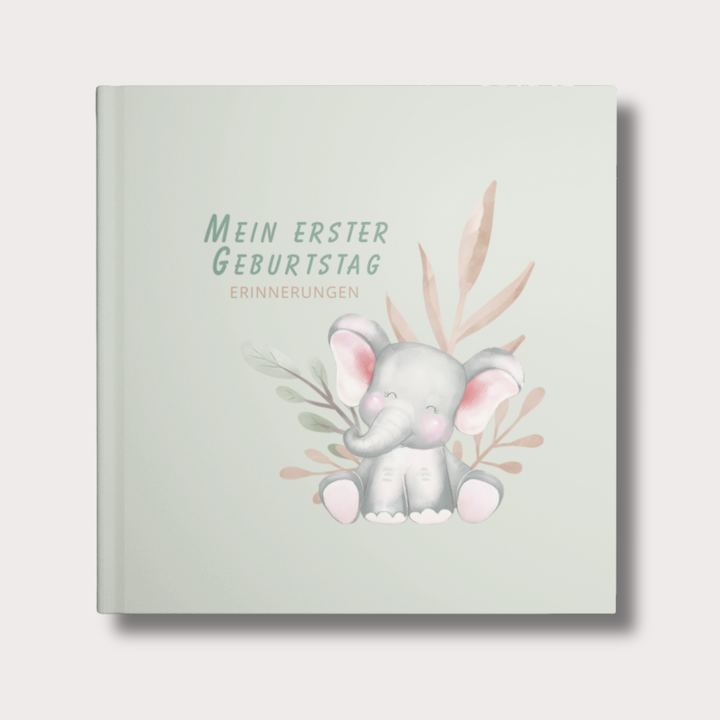 Gästebuch zum 1. Geburtstag mit Elefant Motiv in sanften Grün- und Sandtönen, minimalistisches Design, unpersonalisiertes Cover für Baby Erinnerungsbuch