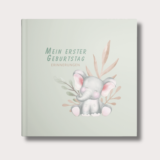 Gästebuch zum 1. Geburtstag mit Elefant Motiv in sanften Grün- und Sandtönen, minimalistisches Design, unpersonalisiertes Cover für Baby Erinnerungsbuch