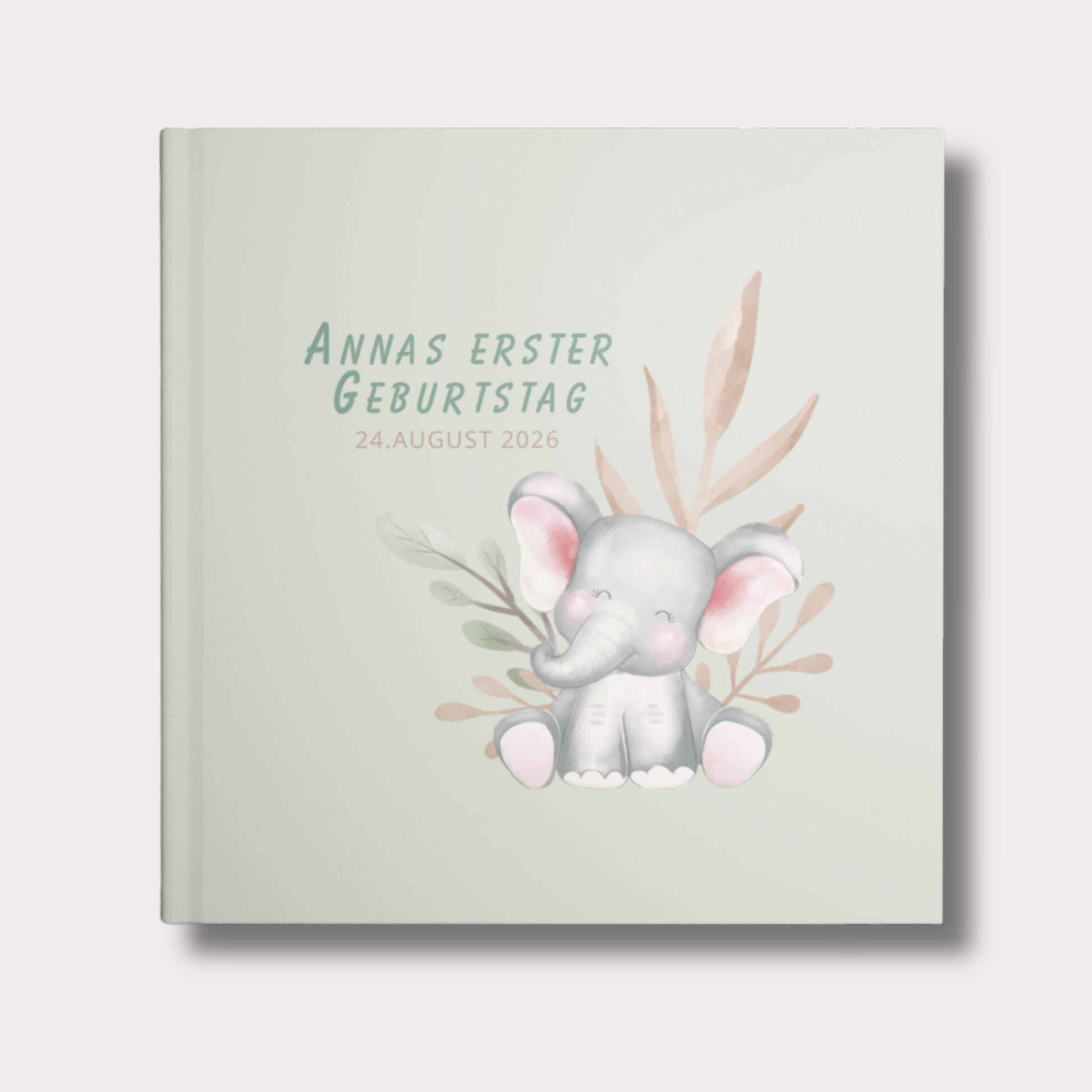 Personalisiertes Gästebuch zum 1. Geburtstag mit Name und Datum, Elefant Illustration in warmen Grün- und Sandfarben, modernes Baby Erinnerungsbuch