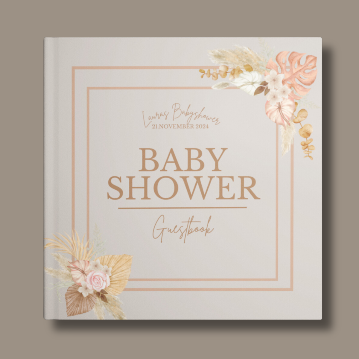 Personalisiertes Babyshower Guestbook in Sandfarben mit dunkelbrauner Schrift, Rahmen und Boho-Blumenmotiv