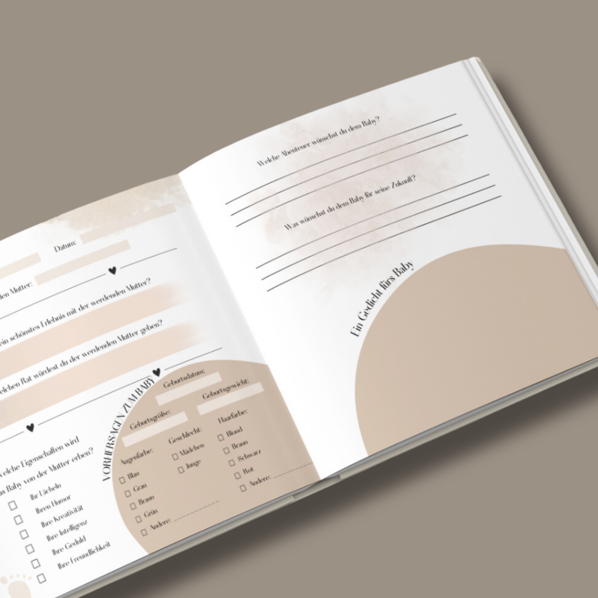 Aufgeschlagenes Babyparty-Gästebuch in Beige-Creme mit Blick auf die gestalteten Innenseiten