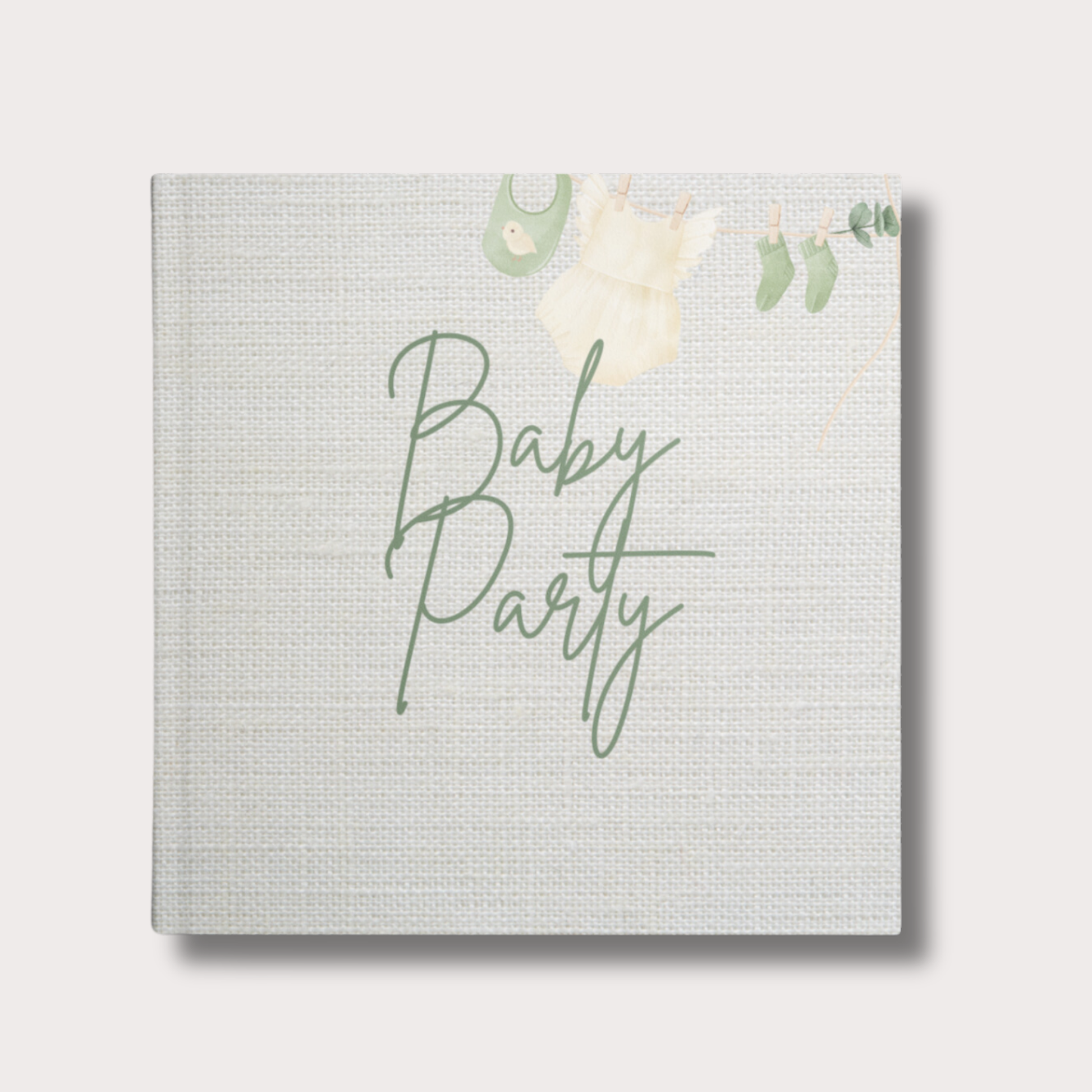  Gästebuch für Babyparty oder Gender Reveal Party mit grauem Cover und dunklen grünen Designelementen. Perfekt für das Festhalten von Wünschen, Vorhersagen und Namensvorschlägen für das Baby. Personalisierbar mit Namen und Datum der Feier.