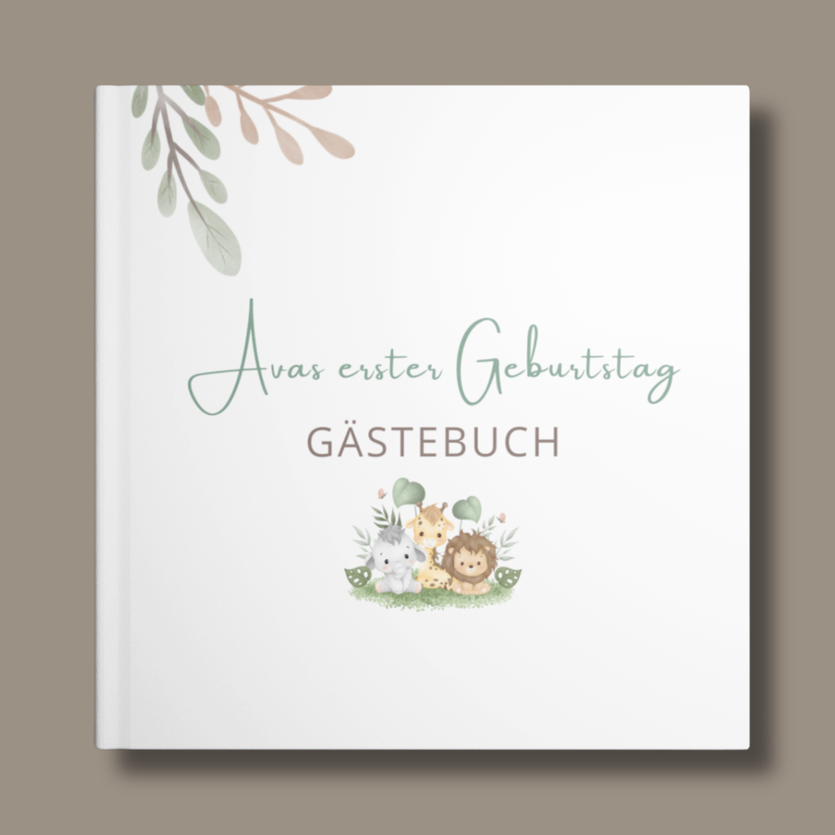 Personalisiertes Gästebuch zum ersten Geburtstag mit niedlichen Safari-Tieren und individuellem Namen auf dem Cover