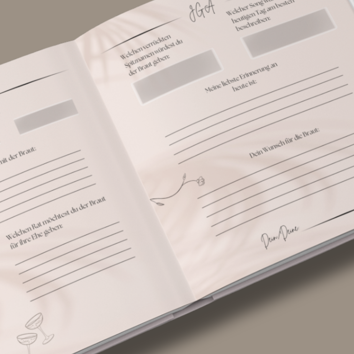 Aufgeschlagene Doppelseite im JGA-Gästebuch mit Fragen und Feldern zum Ausfüllen durch die Gäste