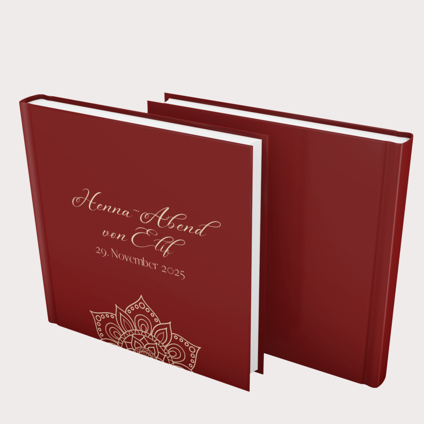 Henna-Abend Gästebuch als Hardcover, Vorder- und Rückseite in Weinrot im Überblick