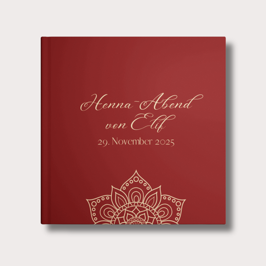 Personalisiertes Henna-Abend Gästebuch in Weinrot mit elegantem Ornament und goldfarbener Schrift