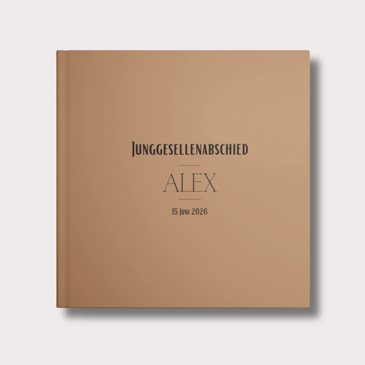 Minimalistisches Junggesellenabschied Buch für Männer mit personalisiertem Namen auf dem Cover, warmes braunes Design mit moderner Typografie und ruhigem Layout