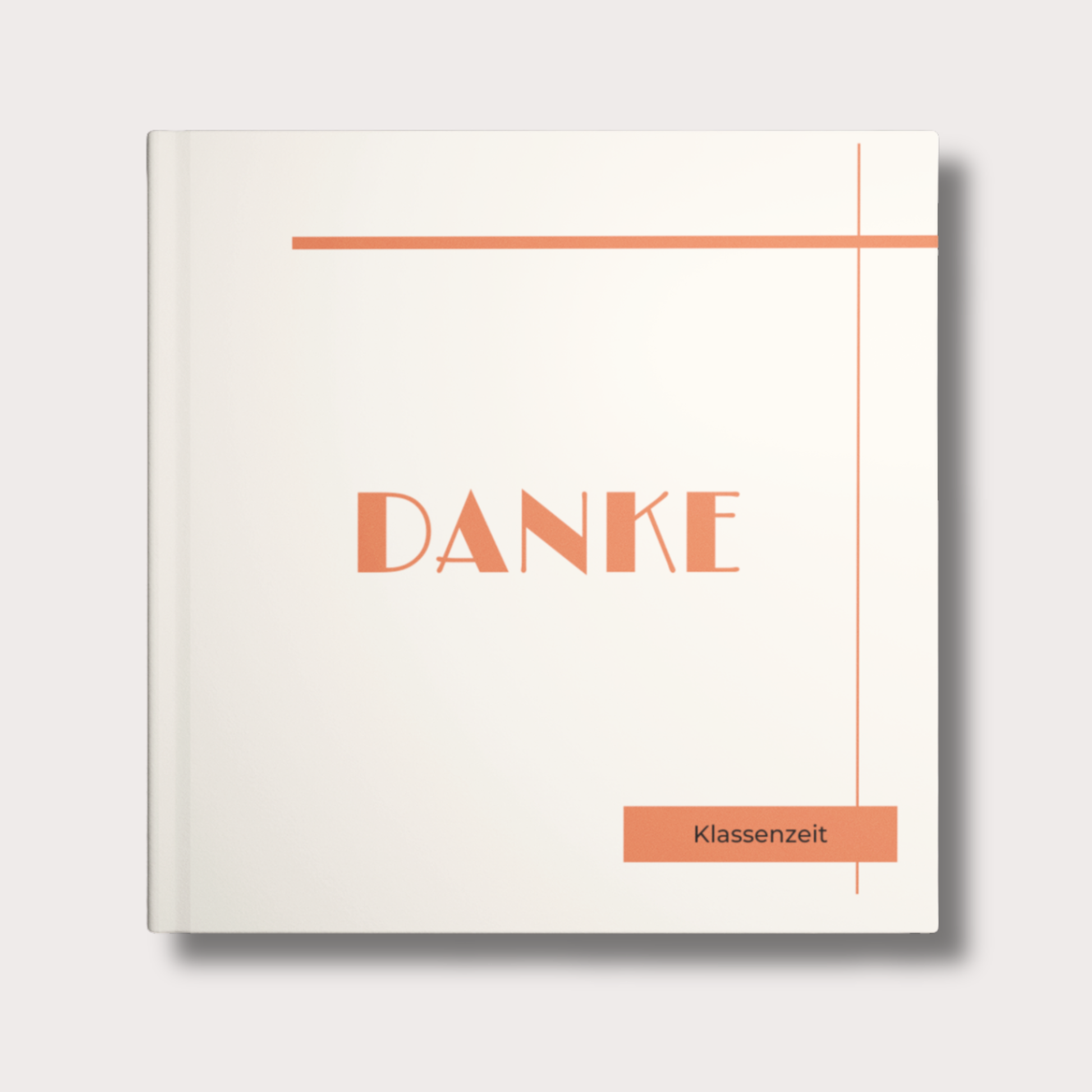 Minimalistisches Gästebuch für Lehrer mit apricotfarbenem Design und dem Schriftzug „Danke“. Modernes Hardcover Erinnerungsbuch für den Klassenabschied.