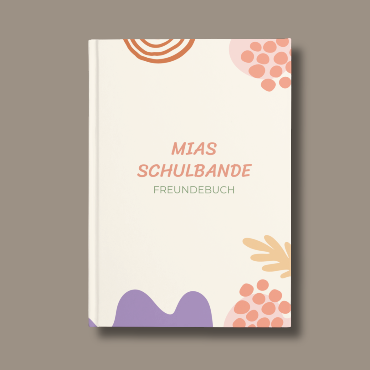 Personalisiertes Grundschul-Freundebuch mit dem Schriftzug Mias Schulbande auf pastellgelbem Cover