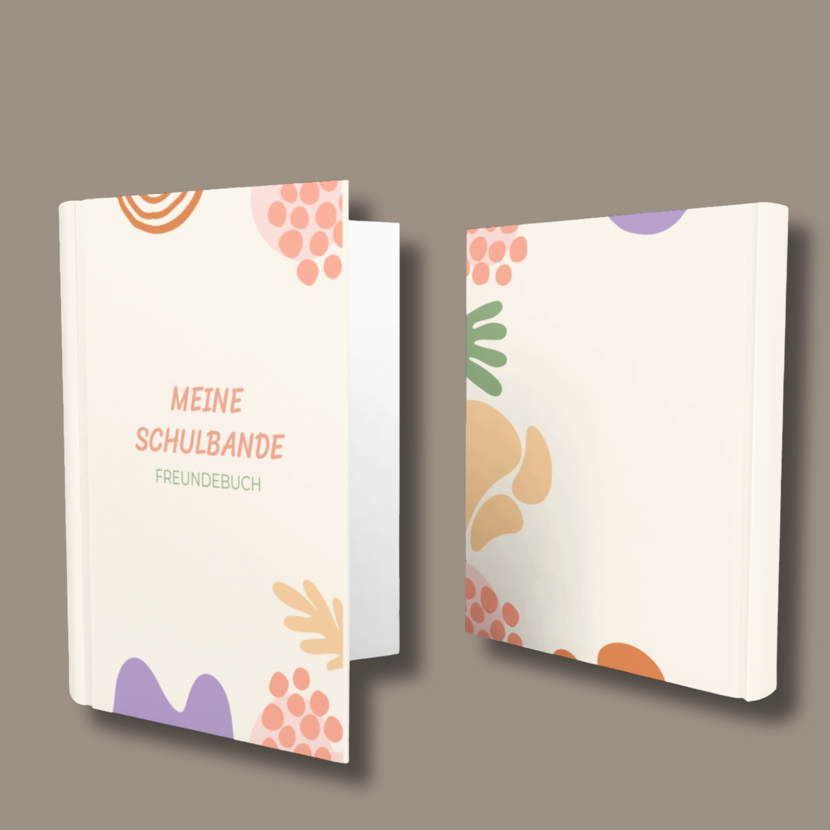 Vorder- und Rückseite des Freundebuchs Meine Schulbande mit pastellgelbem Einband und farbenfrohen Mustern