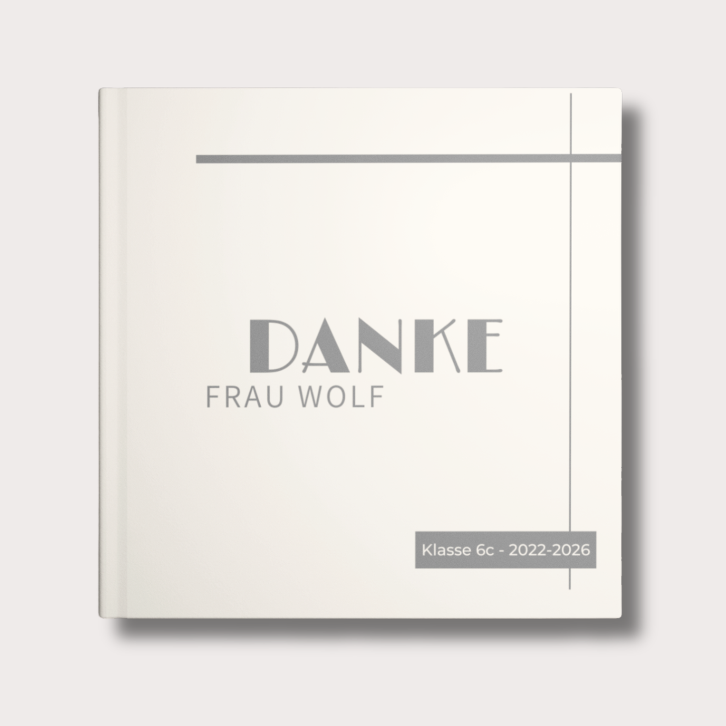 Personalisiertes Lehrer-Abschiedsbuch im minimalistischen Grau-Design mit modernem Hardcover und klaren grafischen Linien.