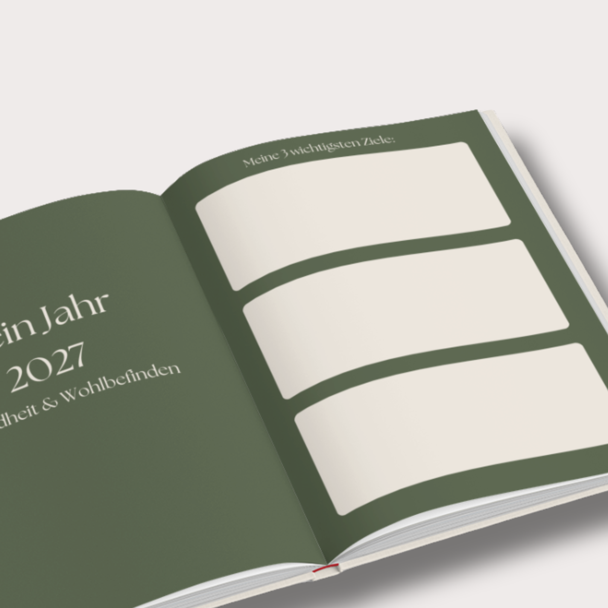 Geöffnetes Vision Book 2027 Mira mit geführten Fragen und großzügigen freien Schreibflächen für persönliche Gedanken und Ziele.